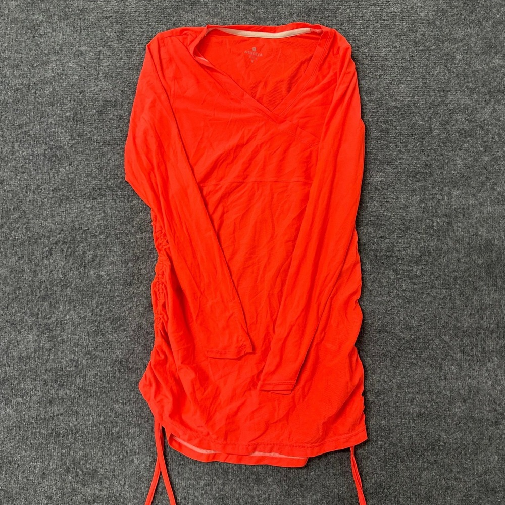 Athleta Tunic Womens Size S Neon Orange Ruched Side Drawstring V-Neck LongSleeve